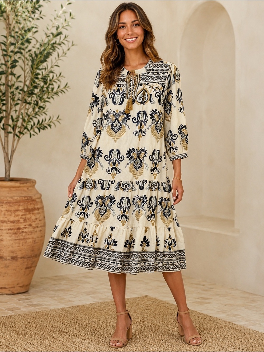 GiGiO Cream Printed Tiered Midi Dress with Navy & Gold Motif